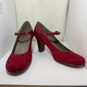 AEROSOLES Red Suede & Patent Mary Jane Block Heels